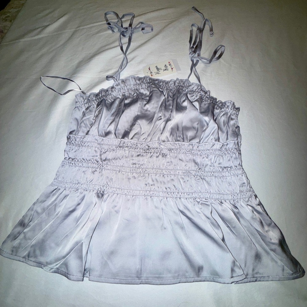 Hippie‎ Rose Satin Camisole Women L Crystal Grey NEW Smocked Peplum Tie Strap